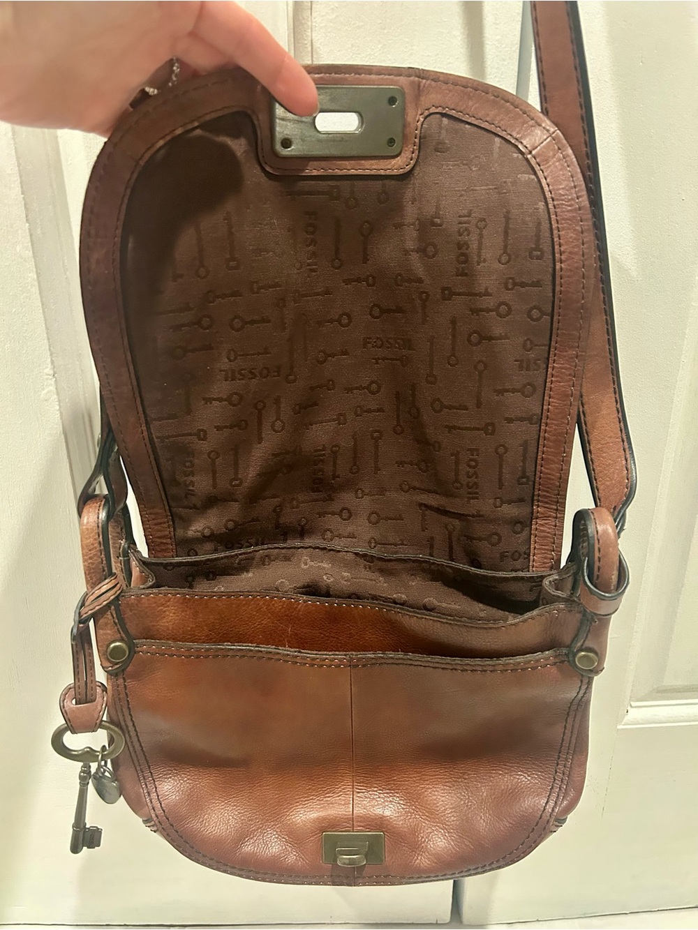 Vintage Fossil Flap Bag Leather Crossbody with Leopard Print Brown 9”x11” - Picture 5 of 7